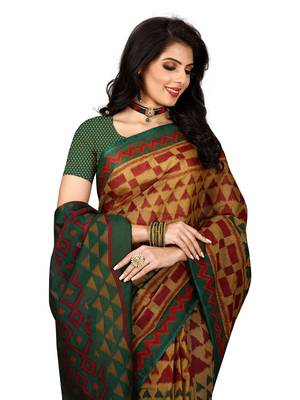 Beige printed pure cotton saree with blouse 5