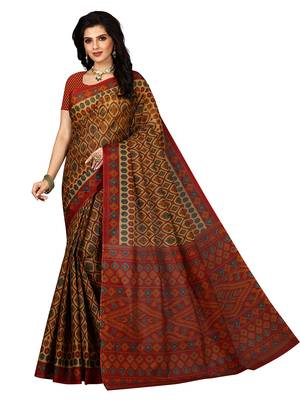 Beige printed pure cotton saree with blouse 1