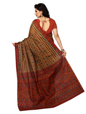 Beige printed pure cotton saree with blouse 2