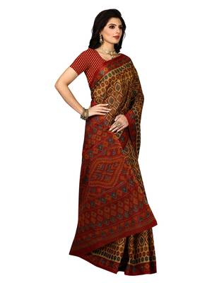 Beige printed pure cotton saree with blouse 4