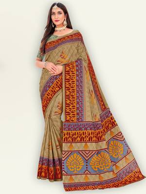 Brown printed pure cotton saree with blouse 1