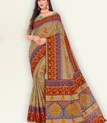 Brown printed pure cotton saree with blouse