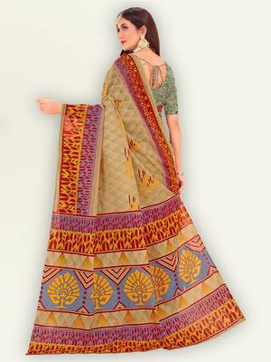 Brown printed pure cotton saree with blouse 2