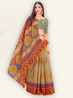 Brown printed pure cotton saree with blouse 4