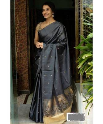 Grey  hand woven silk  sarees with blouse 1