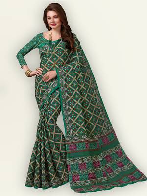 Green printed pure cotton saree with blouse 1
