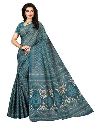 Green printed pure cotton saree with blouse 1