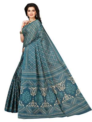 Green printed pure cotton saree with blouse 3