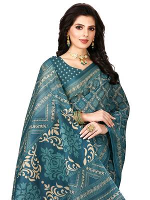 Green printed pure cotton saree with blouse 5
