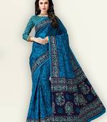 Blue printed pure cotton saree with blouse