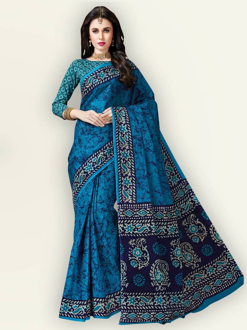 Blue printed pure cotton saree with blouse