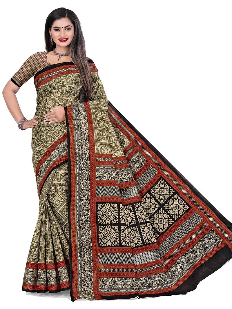 Beige printed pure cotton saree with blouse
