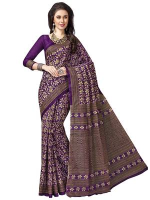 Purple printed pure cotton saree with blouse 1