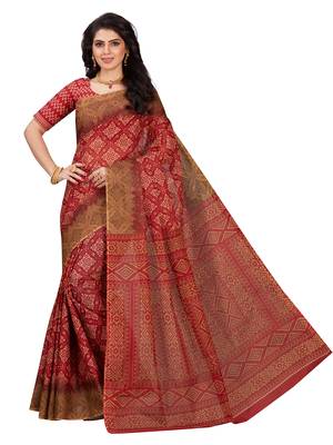 Red printed pure cotton saree with blouse 1