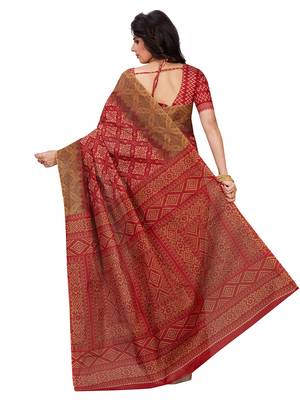Red printed pure cotton saree with blouse 2