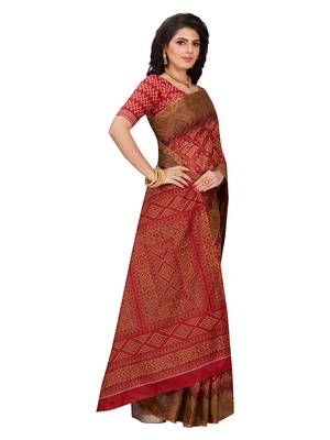 Red printed pure cotton saree with blouse 4