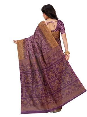 Purple printed pure cotton saree with blouse 2