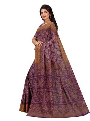 Purple printed pure cotton saree with blouse 3