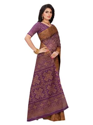 Purple printed pure cotton saree with blouse 4