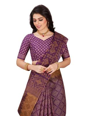 Purple printed pure cotton saree with blouse 5