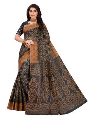 Black printed pure cotton saree with blouse 1