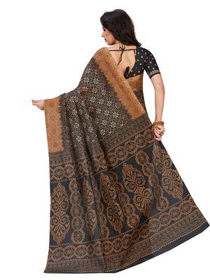 Black printed pure cotton saree with blouse 2