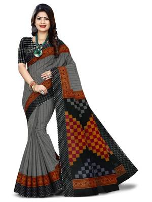 Black printed pure cotton saree with blouse 1
