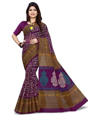 Purple printed pure cotton saree with blouse 1