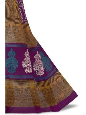 Purple printed pure cotton saree with blouse 3
