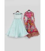 Acqua Blue Lehenga Choli with Pink Printed Jacket