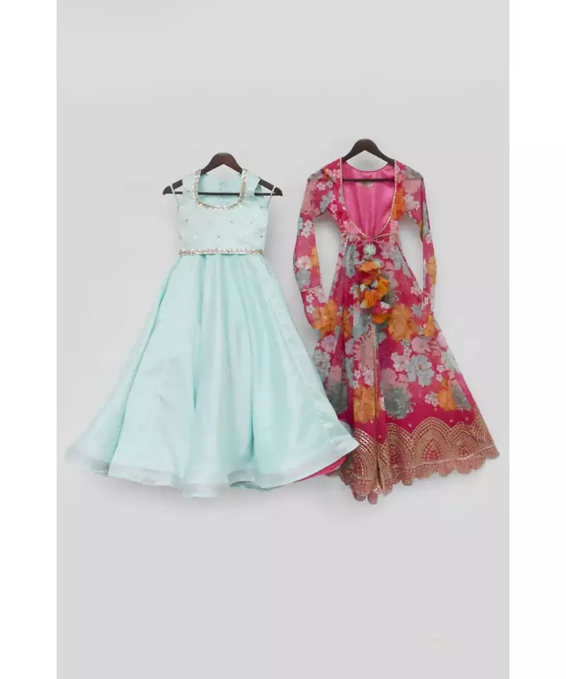Acqua Blue Lehenga Choli with Pink Printed Jacket