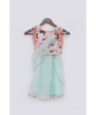 sky blue net lehenga saree with printed blouse 1