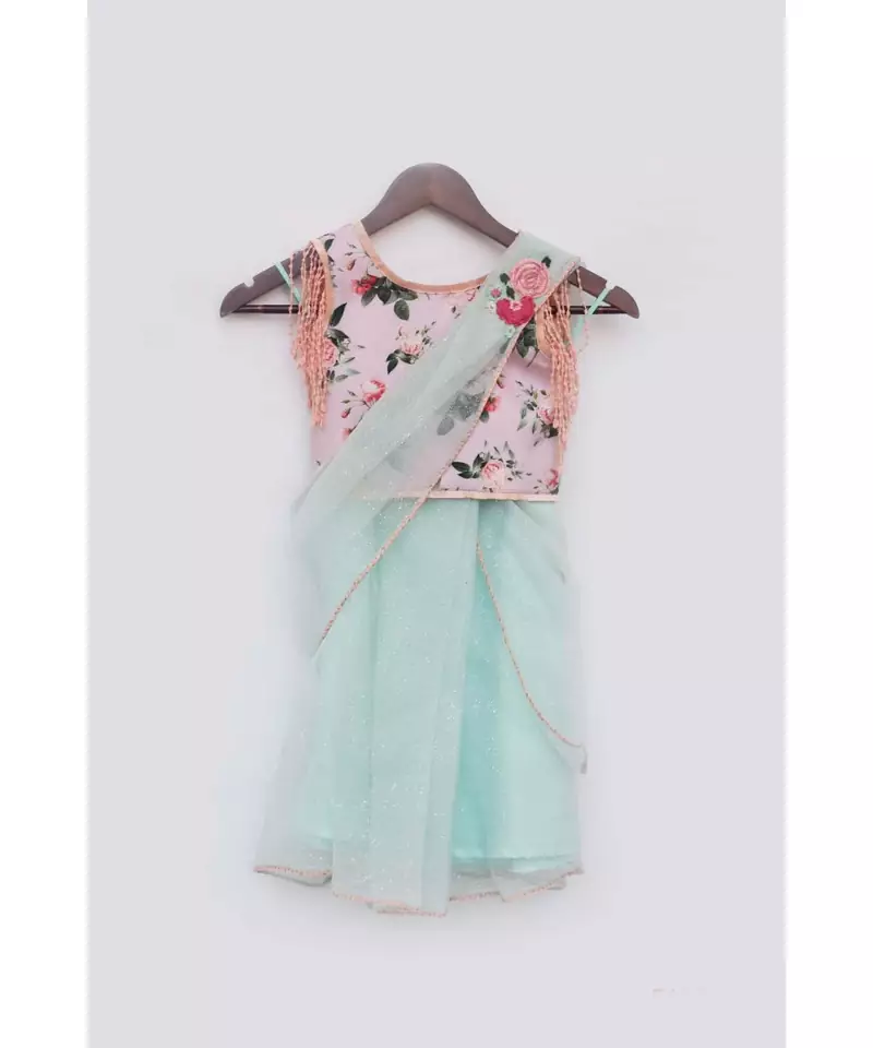 Peach Printed Choli with Drape Saree