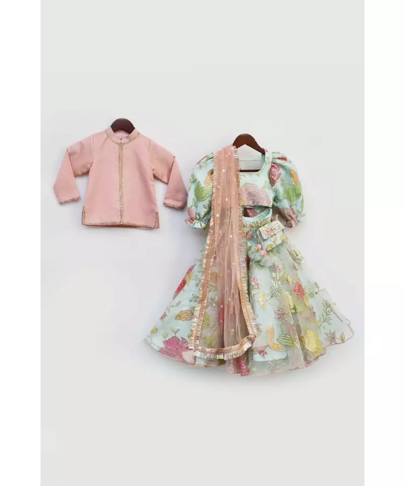 Acqua Embroidery Net Lehenga Choli with Peach Silk Jacket