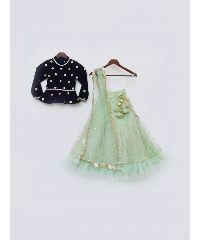 Dark Blue Velvet Jacket with Green Glitter net Lehenga and Dupatta