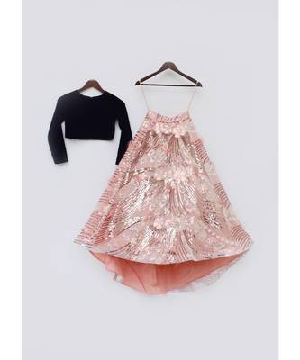 Blue Velvet Crop Top With Yellow Embroidery Lehenga 1