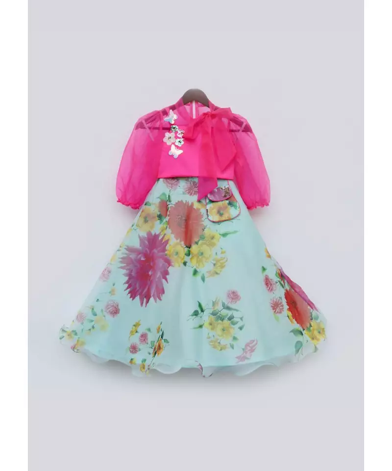 Hot Pink Top with Blue Printed Organza Lehenga