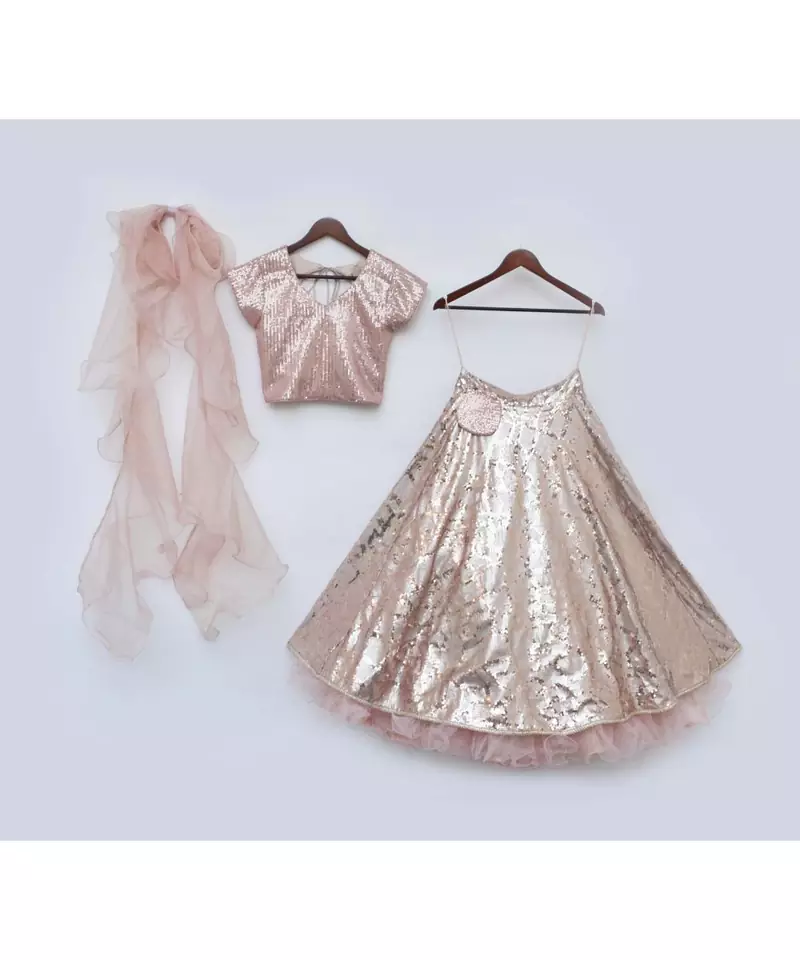 Peach Sequins Choli and Lehenga Set