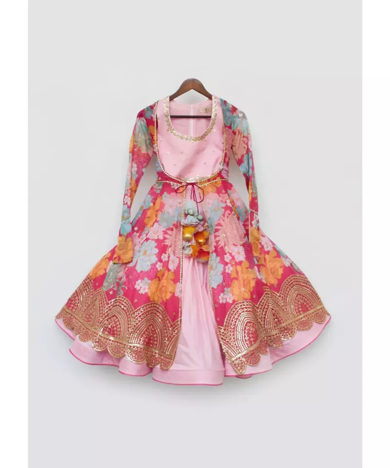 Pink Lehenga Choli with Pink Printed Jacket