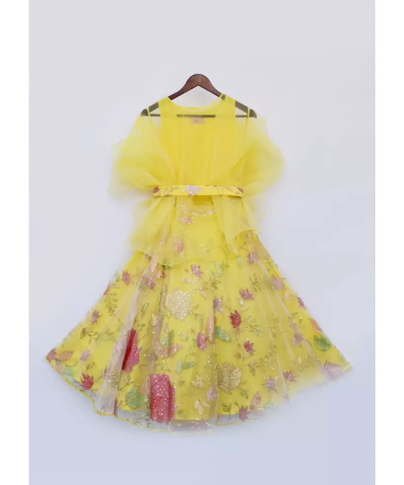 Yellow Embroidery Lehenga with Organza Cape