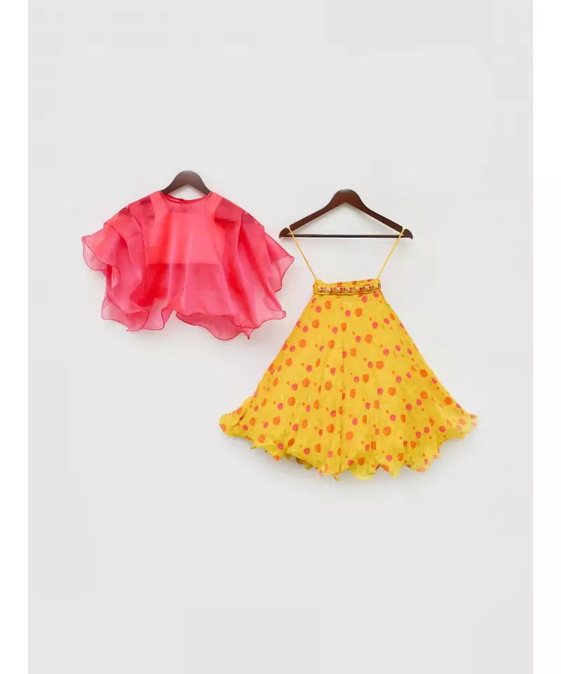 Yellow Georgette Lehenga with Pink Top and Organza Cape