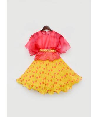 Pink And Yellow Printed Lehenga Set For Girls 1