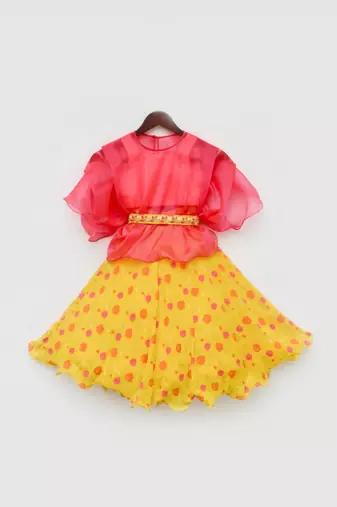 Pink And Yellow Printed Lehenga Set For Girls
