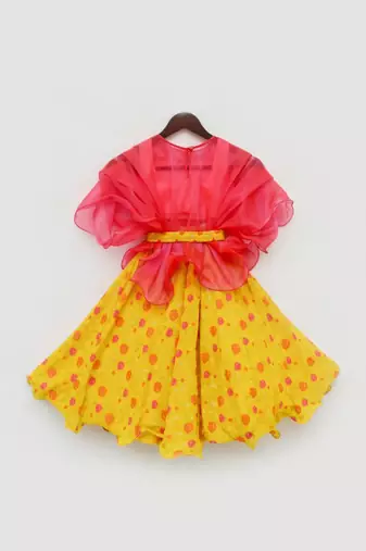 Pink And Yellow Printed Lehenga Set For Girls