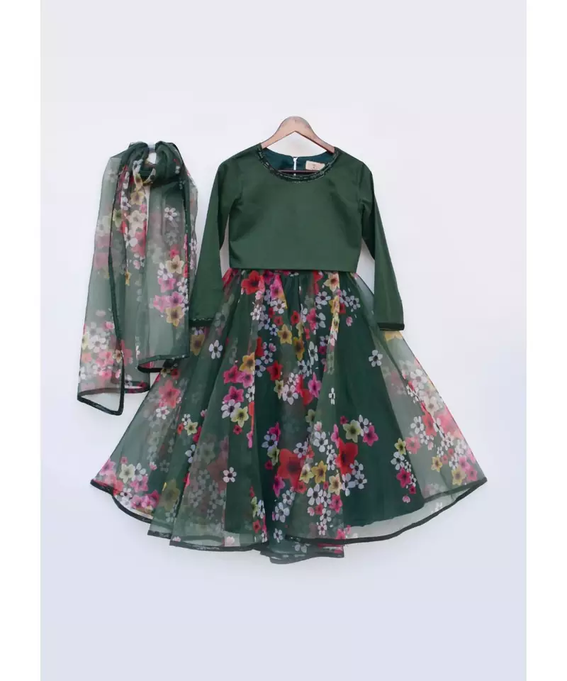 Green top with Green Printed Organza Lehenga and Dupatta