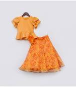 Yellow Peplum with Printed Georgette Lehenga