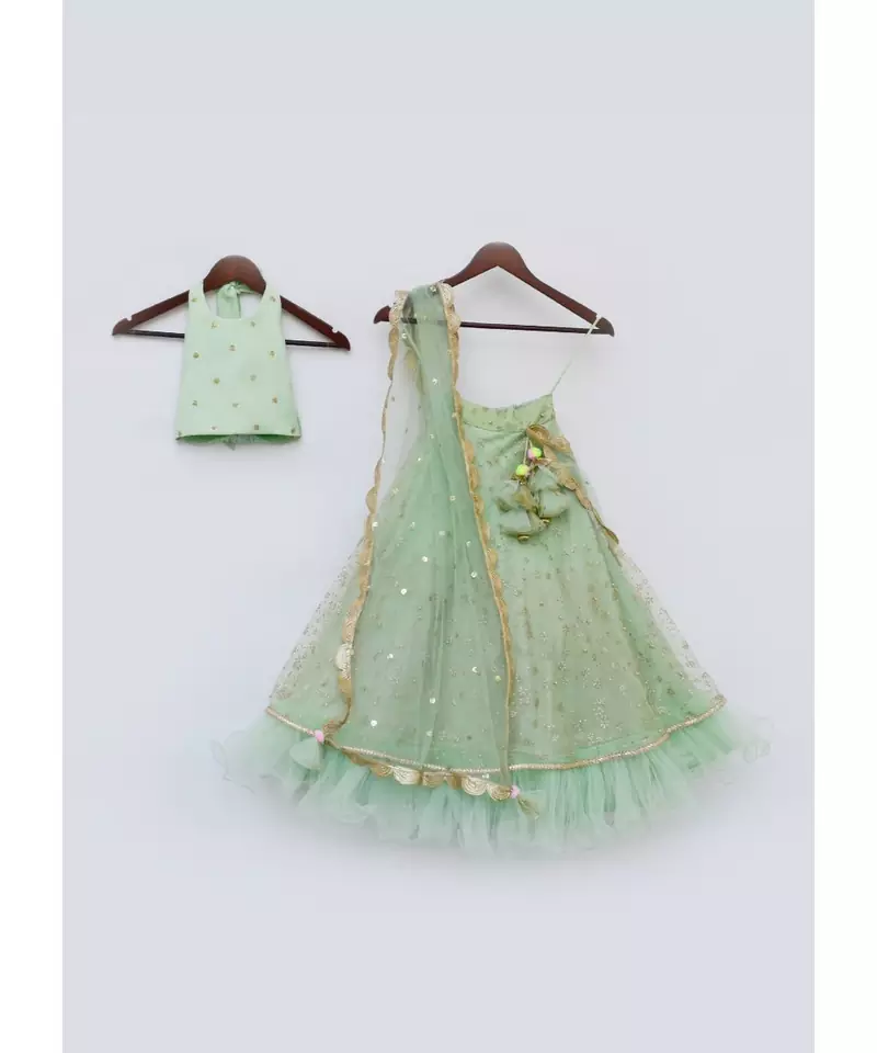 Green Top with Green Glitter Net Lehenga and Dupatta