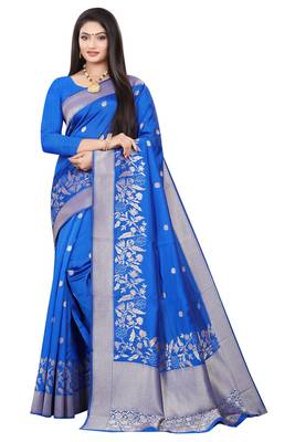 Dark blue woven kanchipuram silk saree with blouse 1