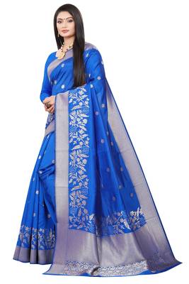 Dark blue woven kanchipuram silk saree with blouse 2