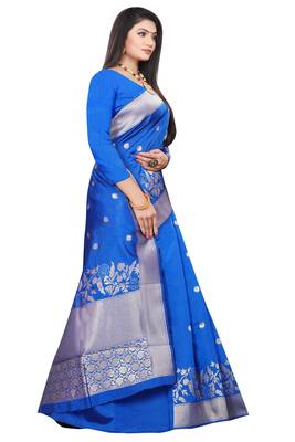 Dark blue woven kanchipuram silk saree with blouse 4
